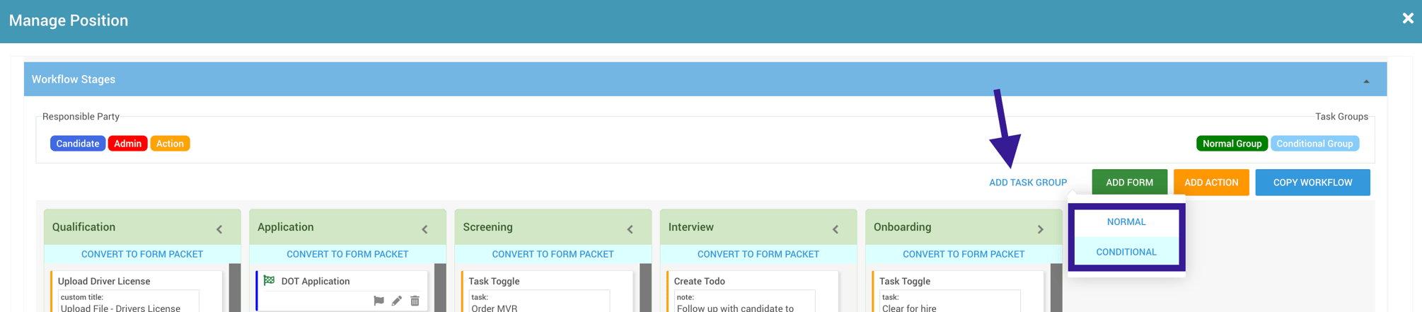 Conditional Forms and Task Groups in Recruiting Workflows